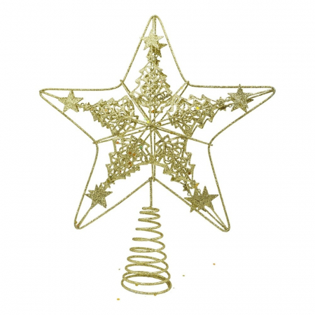 Decoratiuni, ornamente si articole Craciun - Varf decorativ de brad, Auriu, in forma de Stea, design de braduti, din Plastic/Metal, 24 cm x 27 cm, Interior/Exterior, Flippy