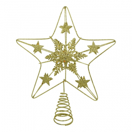 Decoratiuni, ornamente si articole Craciun - Varf decorativ de brad, Auriu, in forma de Stea, design de stele, din Plastic/Metal, 25 cm x 27 cm, Interior/Exterior, Flippy