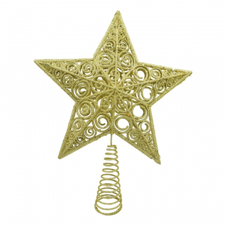 Decoratiuni, ornamente si articole Craciun - Varf decorativ de brad, Auriu, in forma de Stea, design spiralat, din Plastic/Metal, 29 cm x 38 cm, Interior/Exterior, Flippy