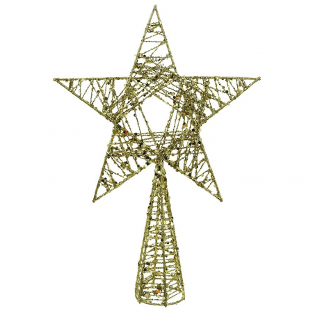 Decoratiuni, ornamente si articole Craciun - Varf decorativ de brad, Auriu, in forma de Stea, infasurata, din Plastic/Metal, 20 cm x 28 cm, Interior/Exterior, Flippy