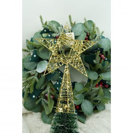 Varf decorativ de brad, Auriu, in forma de Stea, infasurata, din Plastic/Metal, 20 cm x 28 cm, Interior/Exterior, Flippy [1]