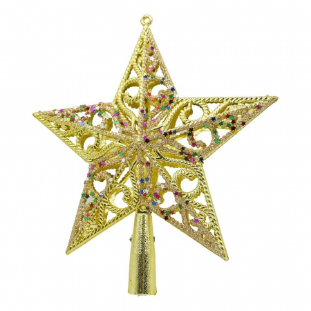 Decoratiuni, ornamente si articole Craciun - Varf decorativ de brad, Auriu/ Roz, in forma de Stea, design spiralat, din Plastic, 19 cm x 21 cm, Interior/Exterior, Flippy