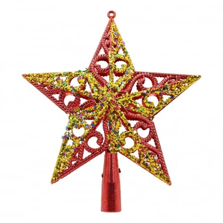 Decoratiuni, ornamente si articole Craciun - Varf decorativ de brad, Rosu/ Auriu, in forma de Stea, design spiralat, din Plastic, 19 cm x 21 cm, Interior/Exterior, Flippy