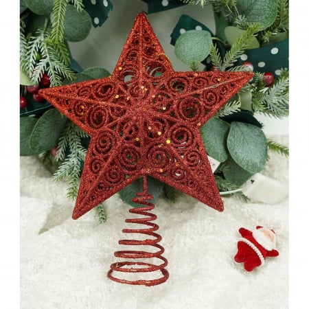 Varf decorativ de brad, Rosu, in forma de Stea, design spiralat, din Plastic/Metal, 19 cm x 23 cm, Interior/Exterior, Flippy [6]