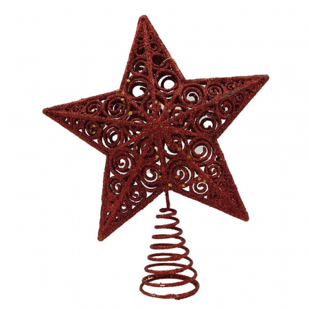 Decoratiuni, ornamente si articole Craciun - Varf decorativ de brad, Rosu, in forma de Stea, design spiralat, din Plastic/Metal, 19 cm x 23 cm, Interior/Exterior, Flippy