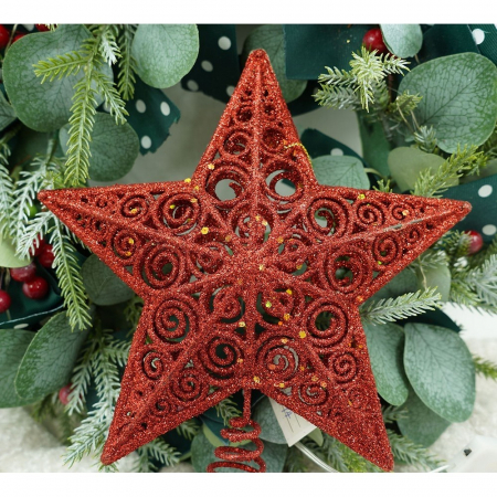 Varf decorativ de brad, Rosu, in forma de Stea, design spiralat, din Plastic/Metal, 19 cm x 23 cm, Interior/Exterior, Flippy [9]