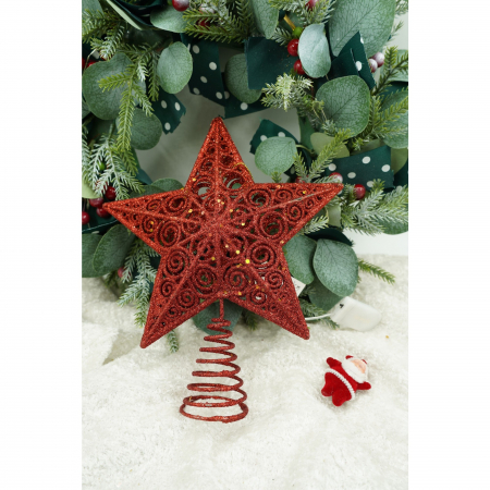 Varf decorativ de brad, Rosu, in forma de Stea, design spiralat, din Plastic/Metal, 19 cm x 23 cm, Interior/Exterior, Flippy [1]