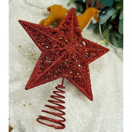 Varf decorativ de brad, Rosu, in forma de Stea, design spiralat, din Plastic/Metal, 19 cm x 23 cm, Interior/Exterior, Flippy [8]