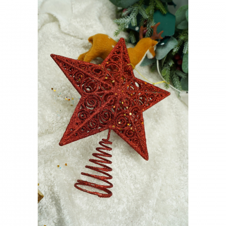 Varf decorativ de brad, Rosu, in forma de Stea, design spiralat, din Plastic/Metal, 19 cm x 23 cm, Interior/Exterior, Flippy [3]