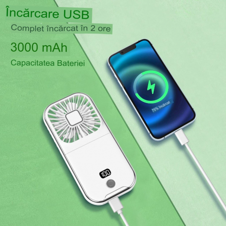 Ventilator Portabil Flippy, 3 in 1, de Mana, de Gat, de Birou, 16.7 x 8 x 1.9 cm, 3 Trepte de Viteza, Incarcare USB, Pliabil, Afisaj Digital, Suport Telefon, Alb [2]