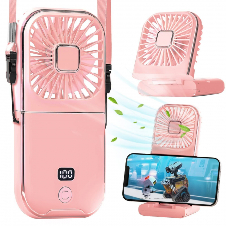 Ventilatoare - Ventilator Portabil Flippy, 3 in 1, de Mana, de Gat, de Birou, 16.7 x 8 x 1.9 cm, 3 Trepte de Viteza, Incarcare USB, Pliabil, Afisaj Digital, Suport Telefon, Roz