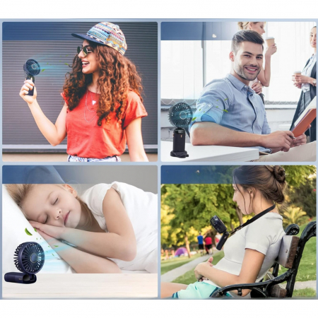Ventilator Ultra Portabil cu Aromaterapie, Flippy, 3 in 1, de Mana, de Birou, de Gat, 5 Trepte de Viteza, Incarcare USB, Autonomie 12h, Pliabil, cu Ecran LCD, Albastru [7]