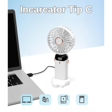 Ventilator Ultra Portabil cu Aromaterapie, Flippy, 3 in 1, de Mana, de Birou, de Gat, 5 Trepte de Viteza, Incarcare USB, Autonomie 12h, Pliabil, cu Ecran LCD, Alb [4]