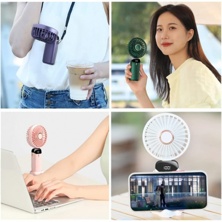 Ventilator Ultra Portabil cu Aromaterapie, Flippy, 3 in 1, de Mana, de Birou, de Gat, 5 Trepte de Viteza, Incarcare USB, Autonomie 12h, Pliabil, cu Ecran LCD, Mov [2]