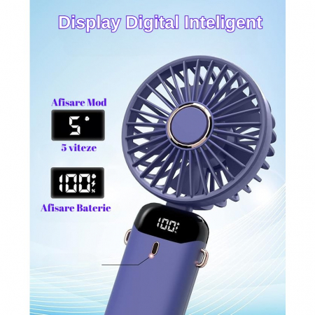 Ventilator Ultra Portabil cu Aromaterapie, Flippy, 3 in 1, de Mana, de Birou, de Gat, 5 Trepte de Viteza, Incarcare USB, Autonomie 12h, Pliabil, cu Ecran LCD, Mov [6]