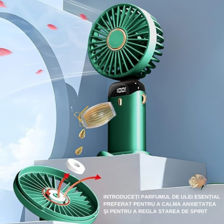 Ventilator Ultra Portabil cu Aromaterapie, Flippy, 3 in 1, de Mana, de Birou, de Gat, 5 Trepte de Viteza, Incarcare USB, Autonomie 12h, Pliabil, cu Ecran LCD, Verde [5]