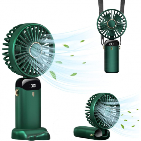 Ventilator Ultra Portabil cu Aromaterapie, Flippy, 3 in 1, de Mana, de Birou, de Gat, 5 Trepte de Viteza, Incarcare USB, Autonomie 12h, Pliabil, cu Ecran LCD, Verde [2]