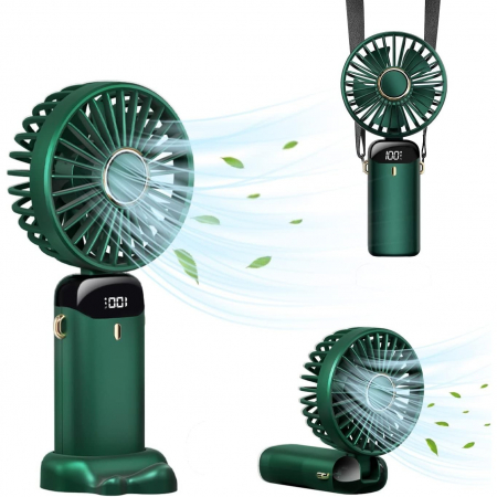 Ventilatoare - Ventilator Ultra Portabil cu Aromaterapie, Flippy, 3 in 1, de Mana, de Birou, de Gat, 5 Trepte de Viteza, Incarcare USB, Autonomie 12h, Pliabil, cu Ecran LCD, Verde