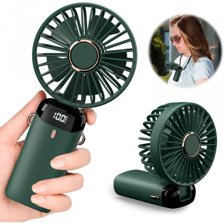Ventilator Ultra Portabil cu Aromaterapie, Flippy, 3 in 1, de Mana, de Birou, de Gat, 5 Trepte de Viteza, Incarcare USB, Autonomie 12h, Pliabil, cu Ecran LCD, Verde [3]