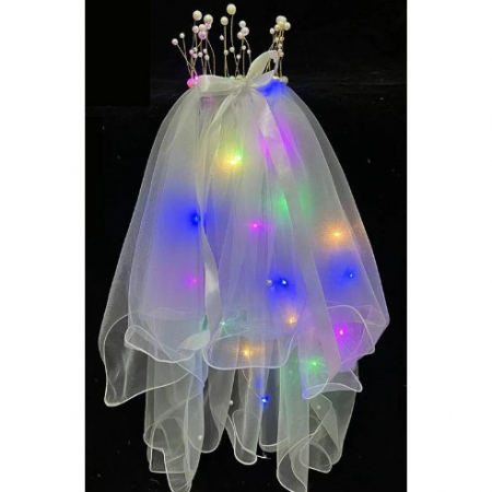Jucarii, Copii & Bebe - Voal Luminos cu Coronita, Flippy, Lumina Multicolora, pentru Serbari Copii, Petrecerea Burlacitelor, Marime universala, Lumina LED, Alb