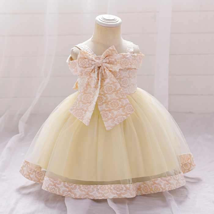 Rochie elegantă fetiță crem ivory cu dantelă florală și fundă decorativă [1]