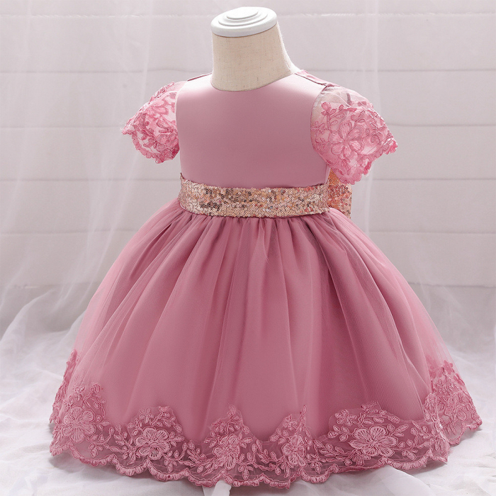 Rochiță roz de botez pentru fetiță cu tul și dantelă – model elegant [1]
