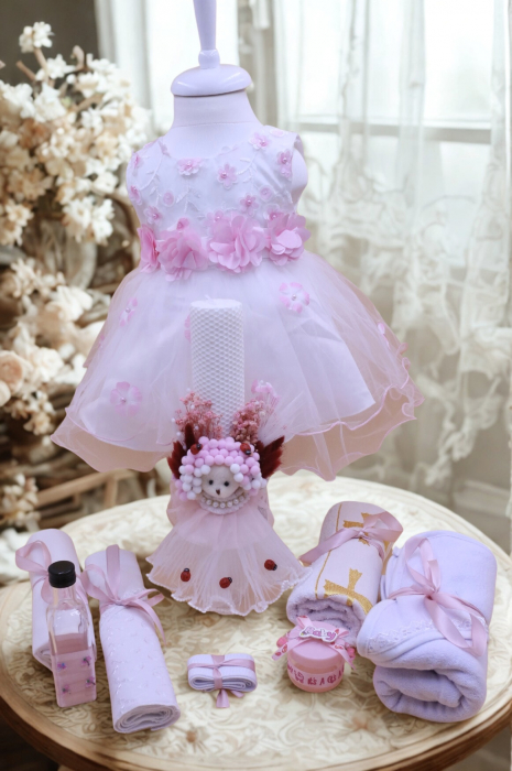 Trusou botez fetiță cu rochiță roz și lumânare cu ursuleț – Botez elegant [2]
