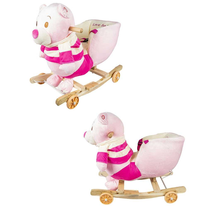 Balansoar pentru bebelusi, Ursulet, lemn + plus, cu rotile, roz, 55 cm [3]
