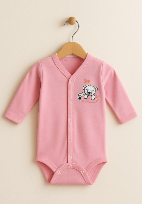 Body cu manusa, nou nascut, 0-3 luni, Cu brodererie, Roz [1]