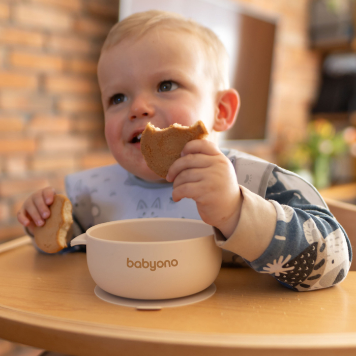 Bol din silicon cu ventuza si capac bej [7]