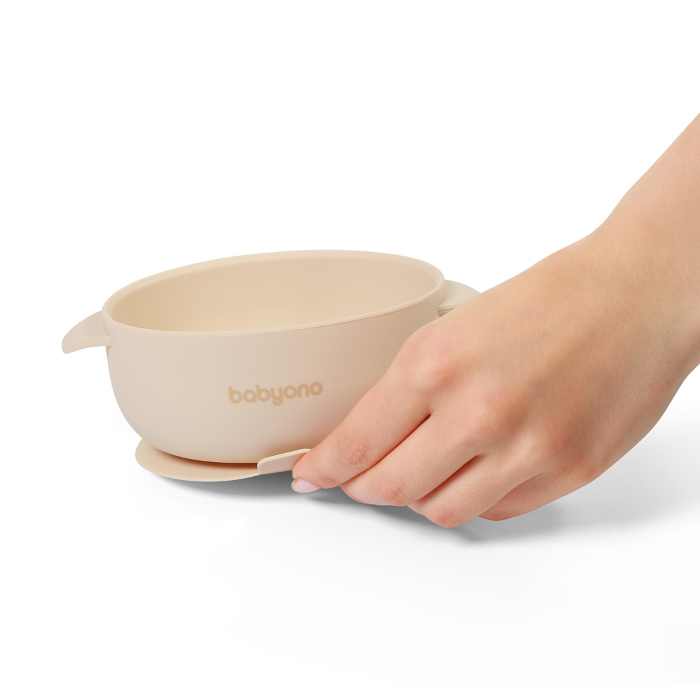 Bol din silicon cu ventuza si capac bej [2]