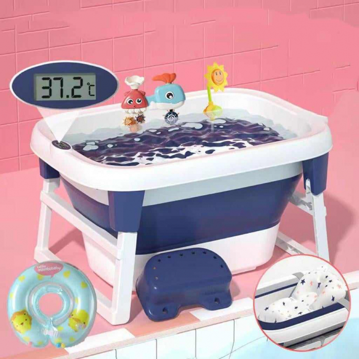 Cadita extensibila functie de varsta, 0-24 luni, cu pelicula antiderapanta, termometru digital si suport buretat, albastra [2]