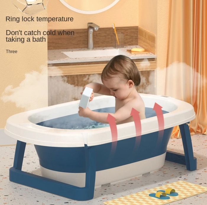 Cadita pliabila, cu termometru digital si pelicula interioara antiderapanta, suport pentru cap de dus, albastra [8]