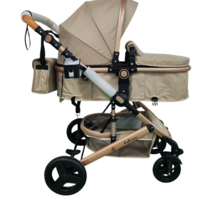 Carucior 2 in 1, Belecoo, cu maner protectie din piele, landou reversibil, geanta pentru accesorii, cu suspensii, multifunctional, bicolor bej Coffe [7]