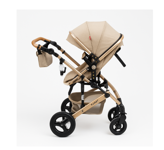 Carucior 2 in 1, Belecoo, cu maner protectie din piele, landou reversibil, geanta pentru accesorii, cu suspensii, multifunctional, bicolor bej Coffe [3]