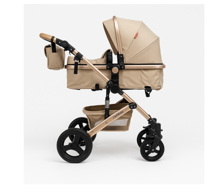 Carucior 2 in 1, Belecoo, cu maner protectie din piele, landou reversibil, geanta pentru accesorii, cu suspensii, multifunctional, bicolor bej Coffe [2]