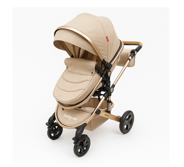 Carucior 2 in 1, Belecoo, cu maner protectie din piele, landou reversibil, geanta pentru accesorii, cu suspensii, multifunctional, bicolor bej Coffe [4]