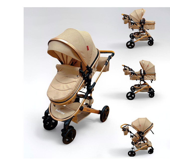 Carucior 2 in 1, Belecoo, cu maner protectie din piele, landou reversibil, geanta pentru accesorii, cu suspensii, multifunctional, bicolor bej Coffe [1]