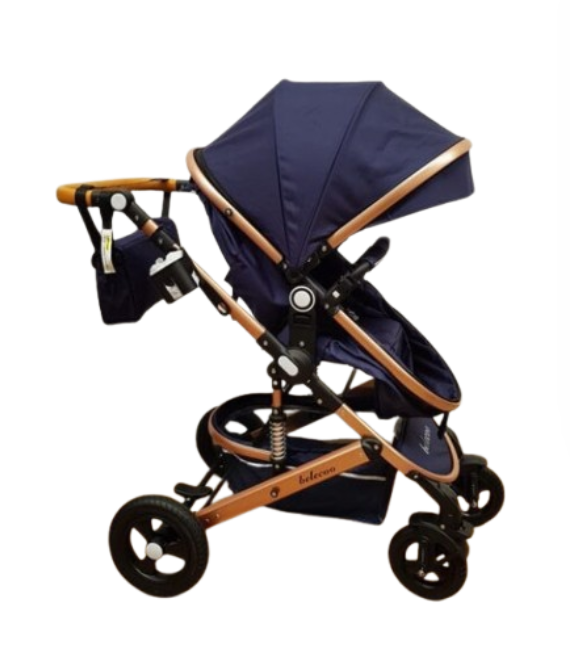 Carucior 2 in 1, Belecoo, cu maner protectie din piele, landou reversibil, geanta pentru accesorii, multifunctional, albastru [3]