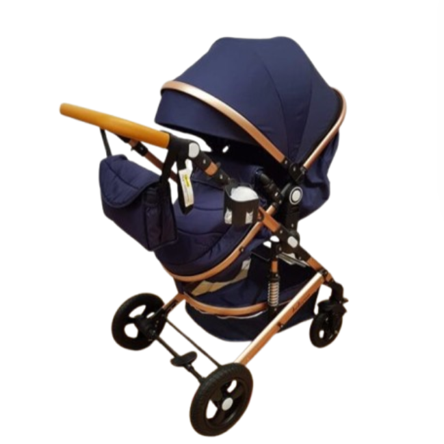 Carucior 2 in 1, Belecoo, cu maner protectie din piele, landou reversibil, geanta pentru accesorii, multifunctional, albastru [2]