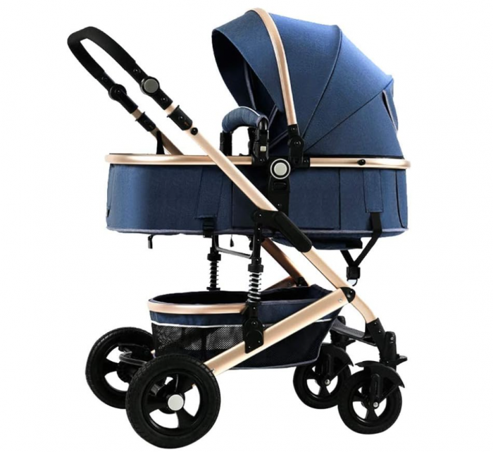 Carucior 2 in 1, Belecoo, cu maner protectie din piele, landou reversibil, geanta pentru accesorii, multifunctional, albastru [4]