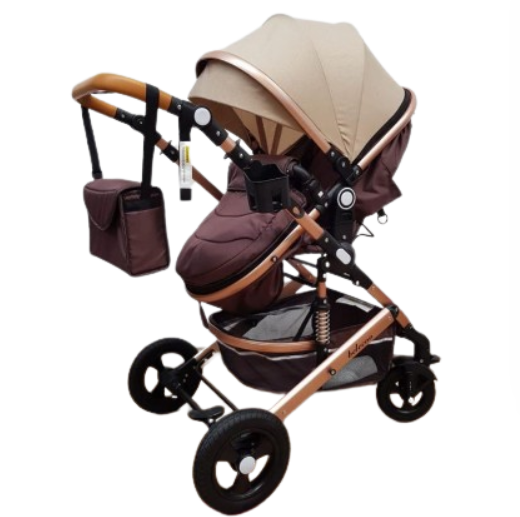 Carucior 2 in 1, Belecoo, cu maner protectie din piele, landou reversibil, geanta pentru accesorii, multifunctional, bej bicolor [5]