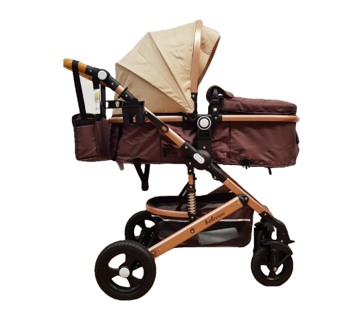 Carucior 2 in 1, Belecoo, cu maner protectie din piele, landou reversibil, geanta pentru accesorii, multifunctional, bej bicolor [2]