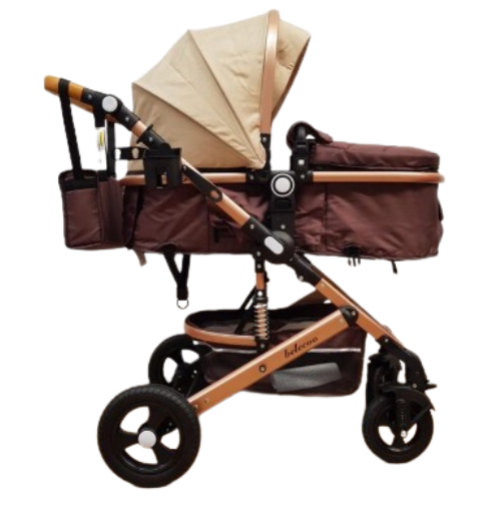 Carucior 2 in 1, Belecoo, cu maner protectie din piele, landou reversibil, geanta pentru accesorii, multifunctional, bej bicolor [4]