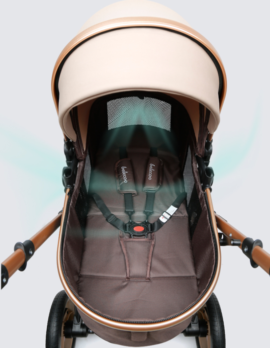 Carucior 2 in 1, Belecoo, cu maner protectie din piele ,landou reversibil, geanta pentru accesorii, multifunctional, bicolor bej [5]