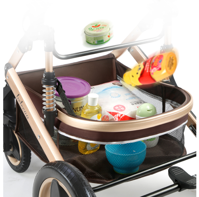 Carucior 2 in 1, Belecoo, cu maner protectie din piele, landou reversibil, geanta pentru accesorii, multifunctional, albastru [7]