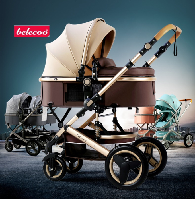 Carucior 2 in 1, Belecoo, cu maner protectie din piele ,landou reversibil, geanta pentru accesorii, multifunctional, bicolor bej [2]