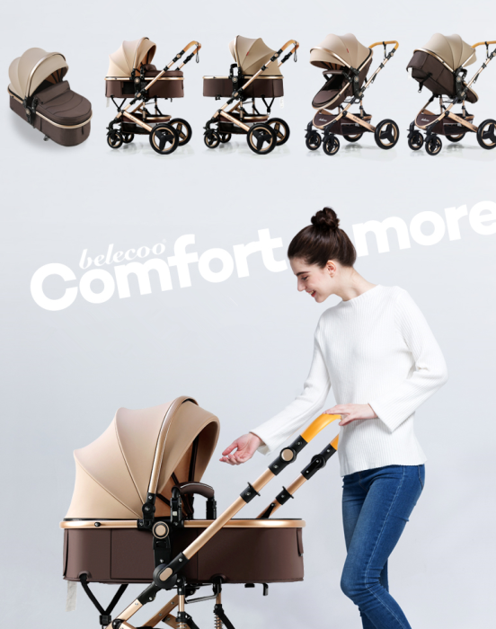 Carucior 2 in 1, Belecoo, cu maner protectie din piele, landou reversibil, geanta pentru accesorii, multifunctional, albastru [6]