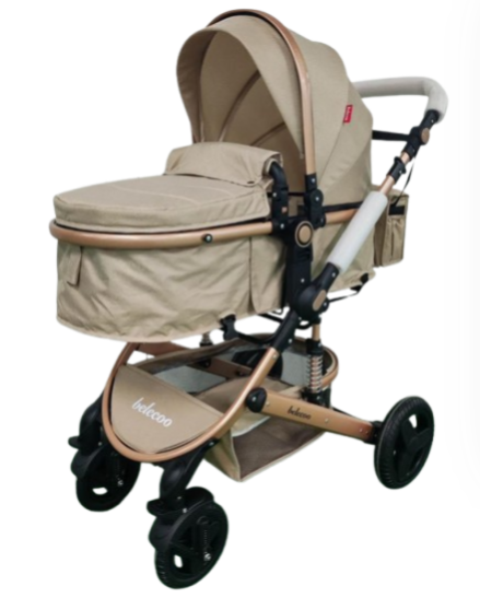 Carucior 2 in 1, Belecoo, cu maner protectie din piele, landou reversibil, geanta pentru accesorii, cu suspensii, multifunctional, bicolor bej Coffe [5]