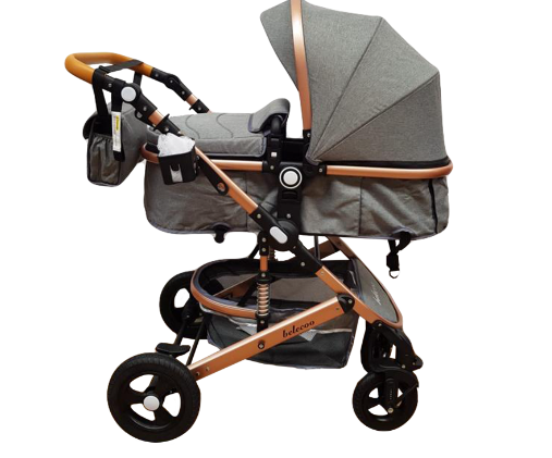 Carucior 2 in 1, Belecoo, cu maner protectie din piele, landou reversibil, geanta pentru accesorii, multifunctional, gri [7]